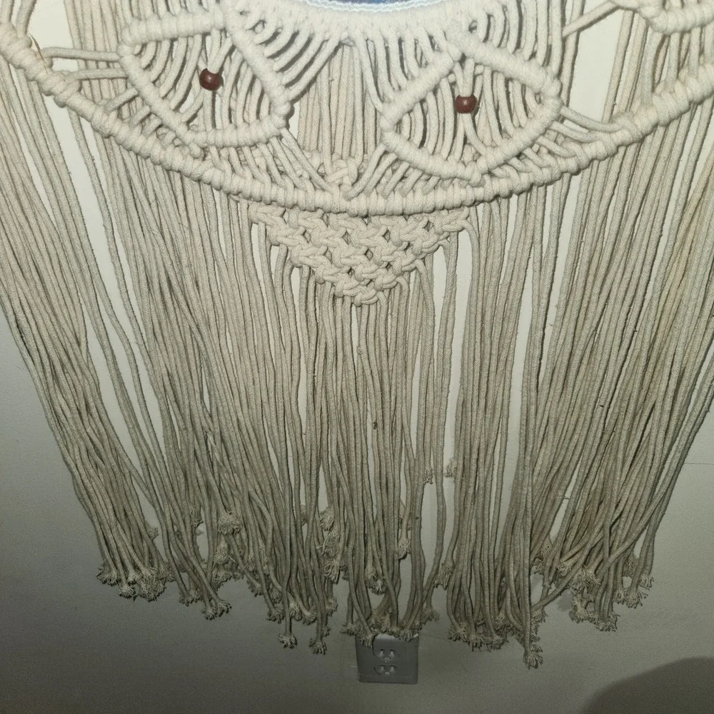 Large Boho Macrame Wall Hanging Mirror Cream Cotton Fringe 20x58 Wood Bead Decor